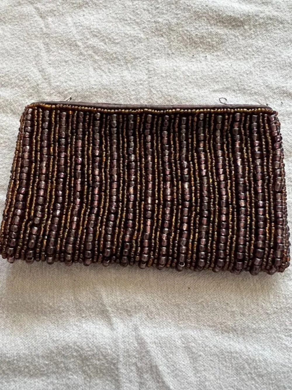 Vintage Style Brown Beaded Zipper Coin Pouch Purse Wallet 5.5x3 inches